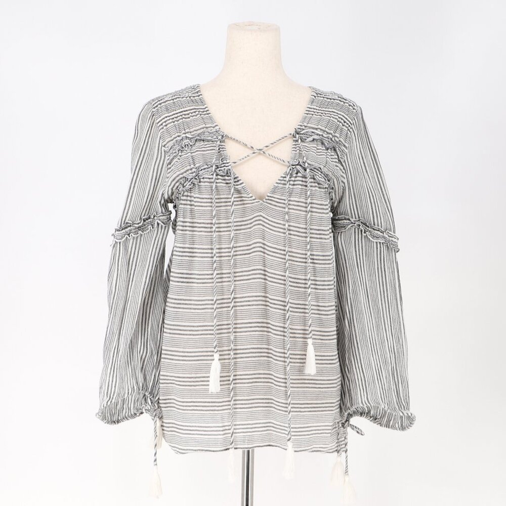 DEREK LAM 10 CROSBY Stripe Cotton V-Neck Tassel Tie Blouse Top Size 6